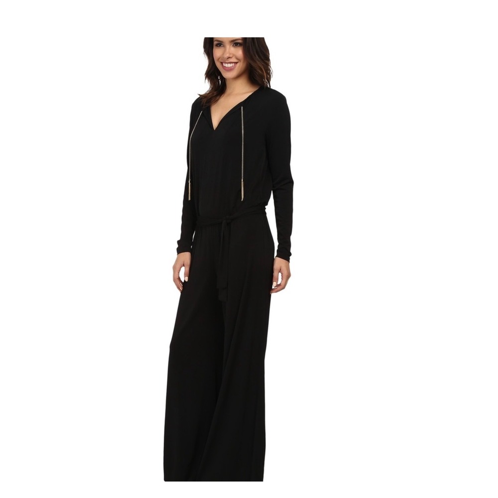 Michael Michael Kors Black Wide Leg Jumpsuit‎ Gold Chain Tassel V-Neck Medium